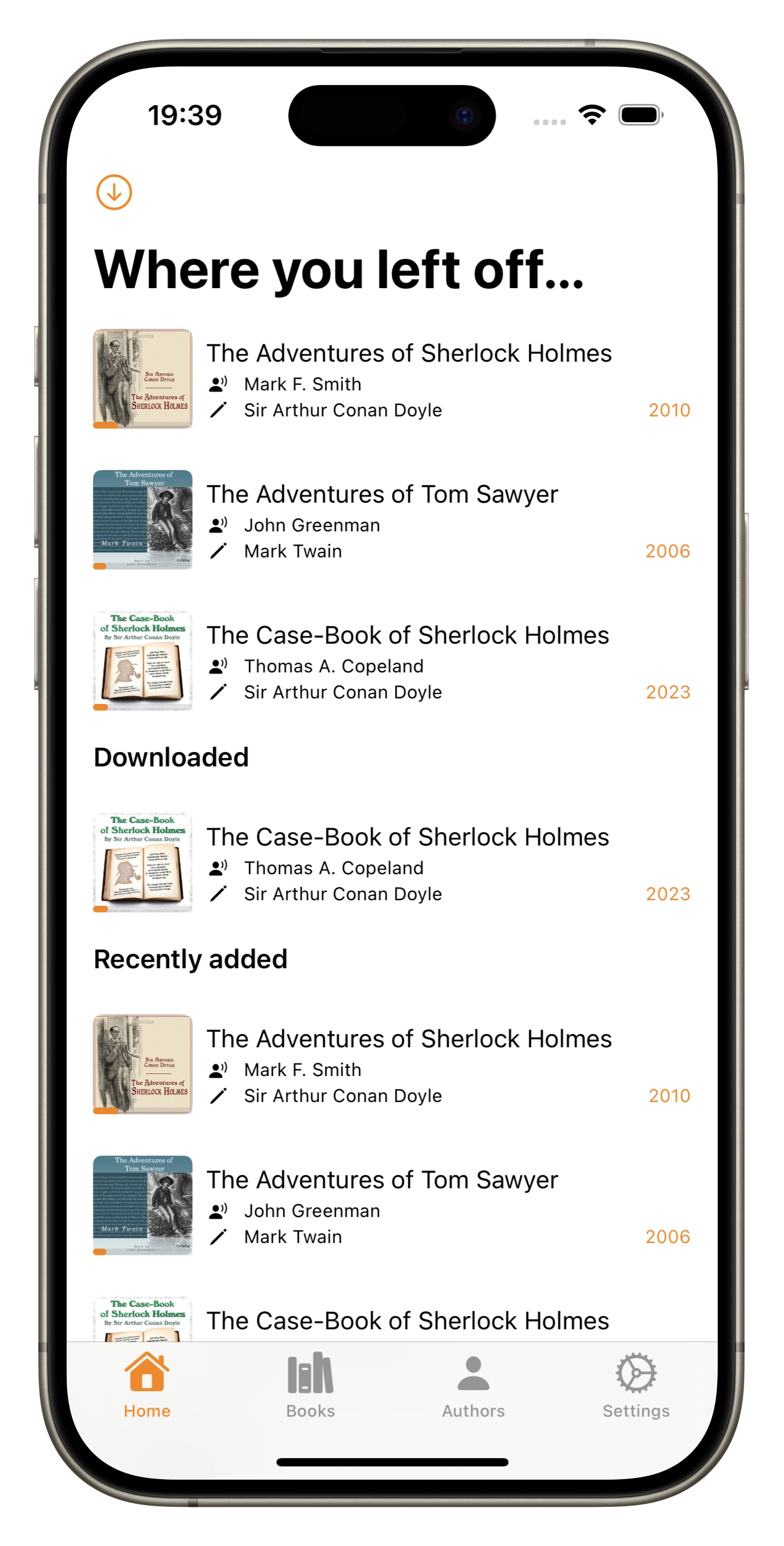 Screenshot showing plappa displaying a list of audiobooks